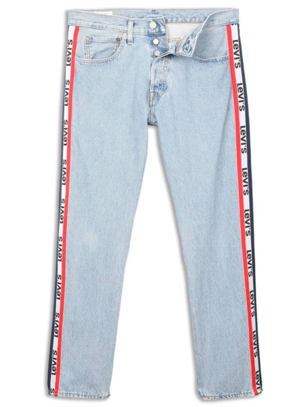 Levi's 501 Light Blue Straight Leg Jeans with Red & Navy Side Tape